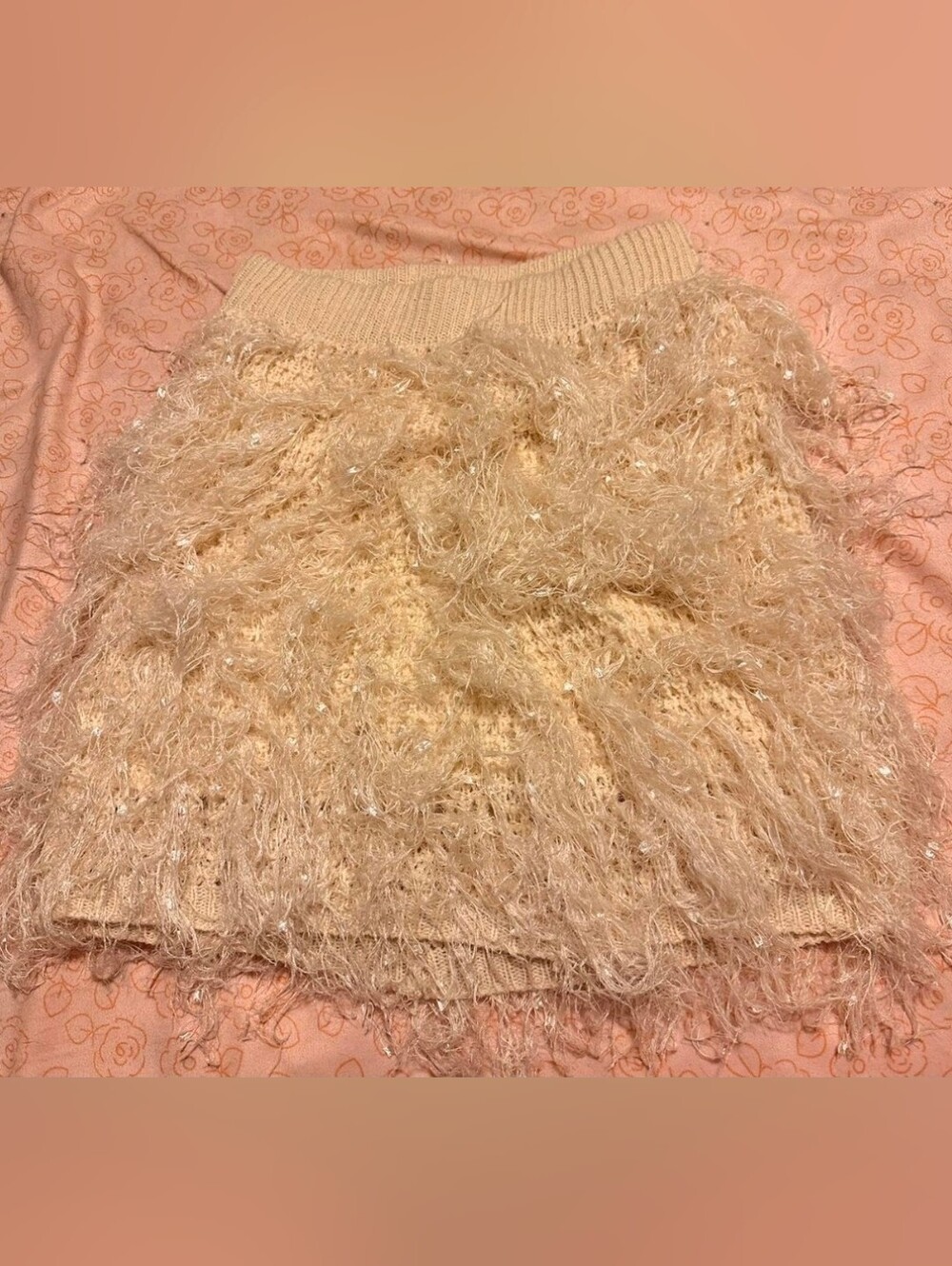Cream Fuzzy Mini Skirt W/Rhinestone Details